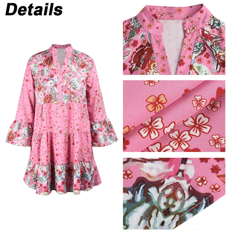 Floral Dress for Women 2024 Summer Oversize Elegant Long Sleeve Casual Dresses Female Loose Bohemian Beach Holiday Dresse