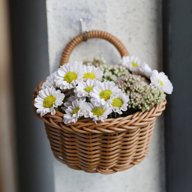 Decorative Wall-mounted Straw Basket Hanging Woven Rattan Flower Plant Vase Pot Grass Wicker Storage Baskets Garden Storage Rack