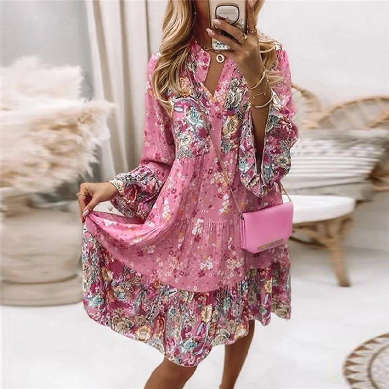 Floral Dress for Women 2024 Summer Oversize Elegant Long Sleeve Casual Dresses Female Loose Bohemian Beach Holiday Dresse