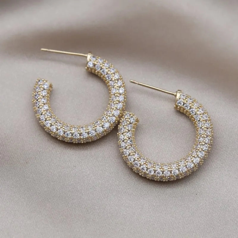 Korean New Design Fashion Jewelry 14K Gold plated Copper Set Zircon C-shaped Earrings Elegant Women's Daily Work Accessories