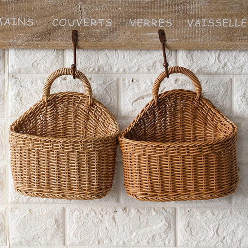 Decorative Wall-mounted Straw Basket Hanging Woven Rattan Flower Plant Vase Pot Grass Wicker Storage Baskets Garden Storage Rack