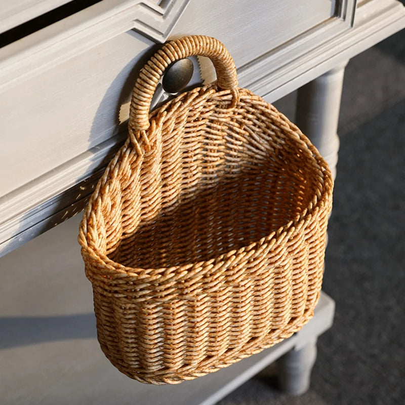 Decorative Wall-mounted Straw Basket Hanging Woven Rattan Flower Plant Vase Pot Grass Wicker Storage Baskets Garden Storage Rack